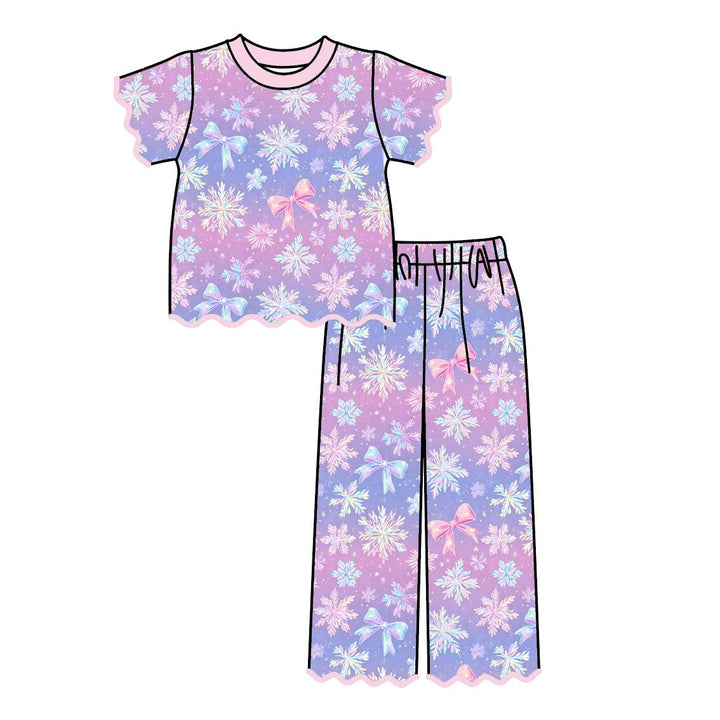 Girls Christmas Embroidery Scallop Top&Bell Pant Set