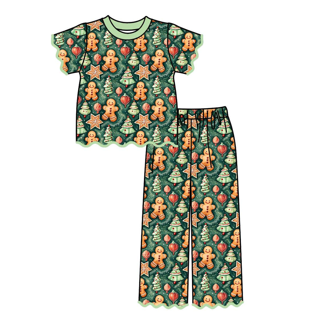 Christmas Grinch Print Scallop Embroidered Girls Set