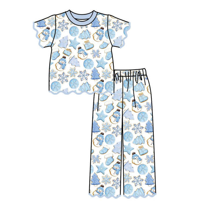 Girls Christmas Embroidery Scallop Top&Bell Pant Set
