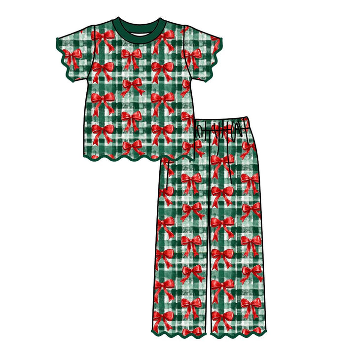 Christmas Pink Tree Bow Print Scallop Embroidered Girls Set
