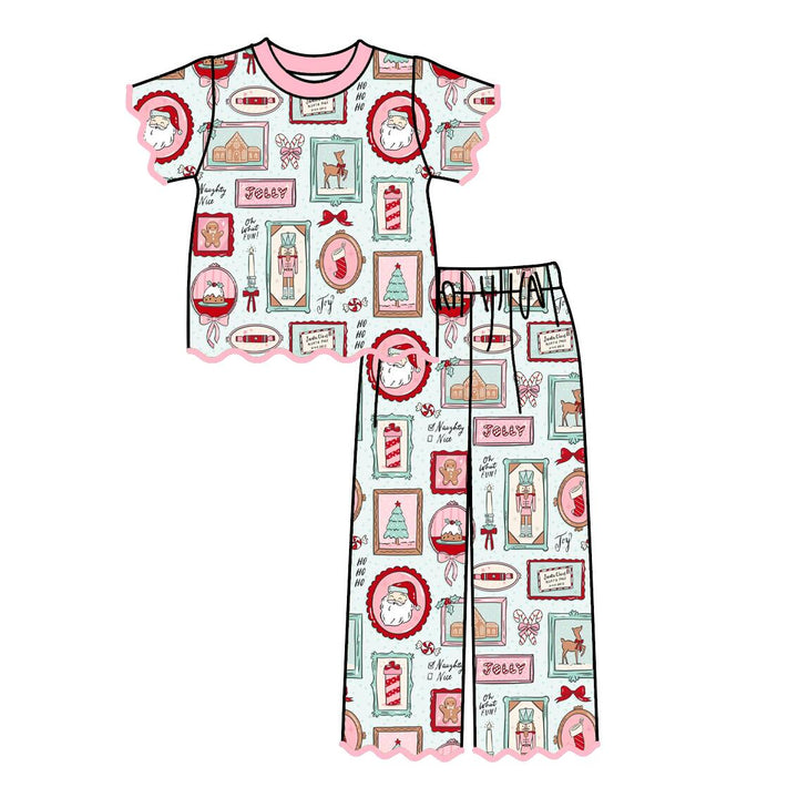 Girls Christmas Embroidery Scallop Top&Bell Pant Set