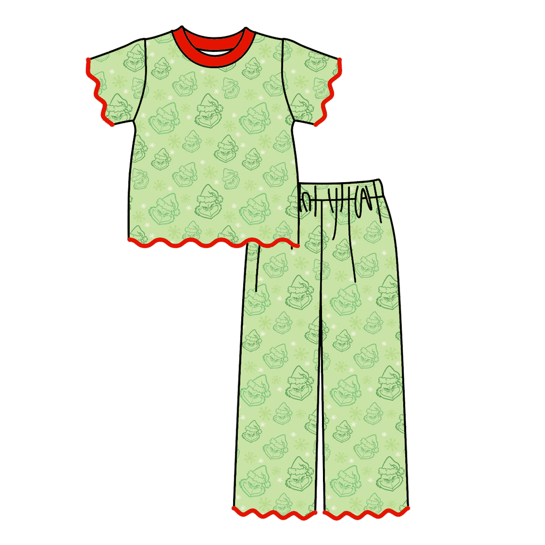 Christmas Grinch Print Scallop Embroidered Girls Set