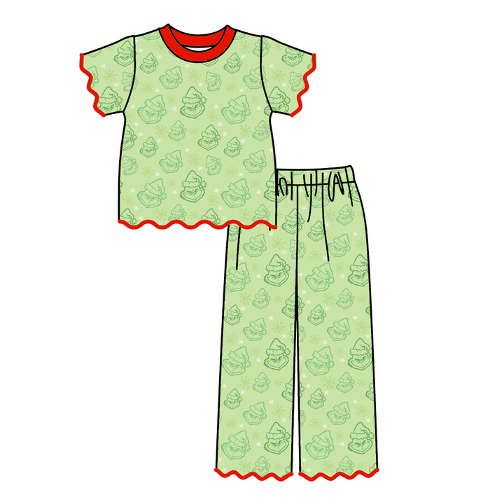 Christmas Grinch Print Scallop Embroidered Girls Set
