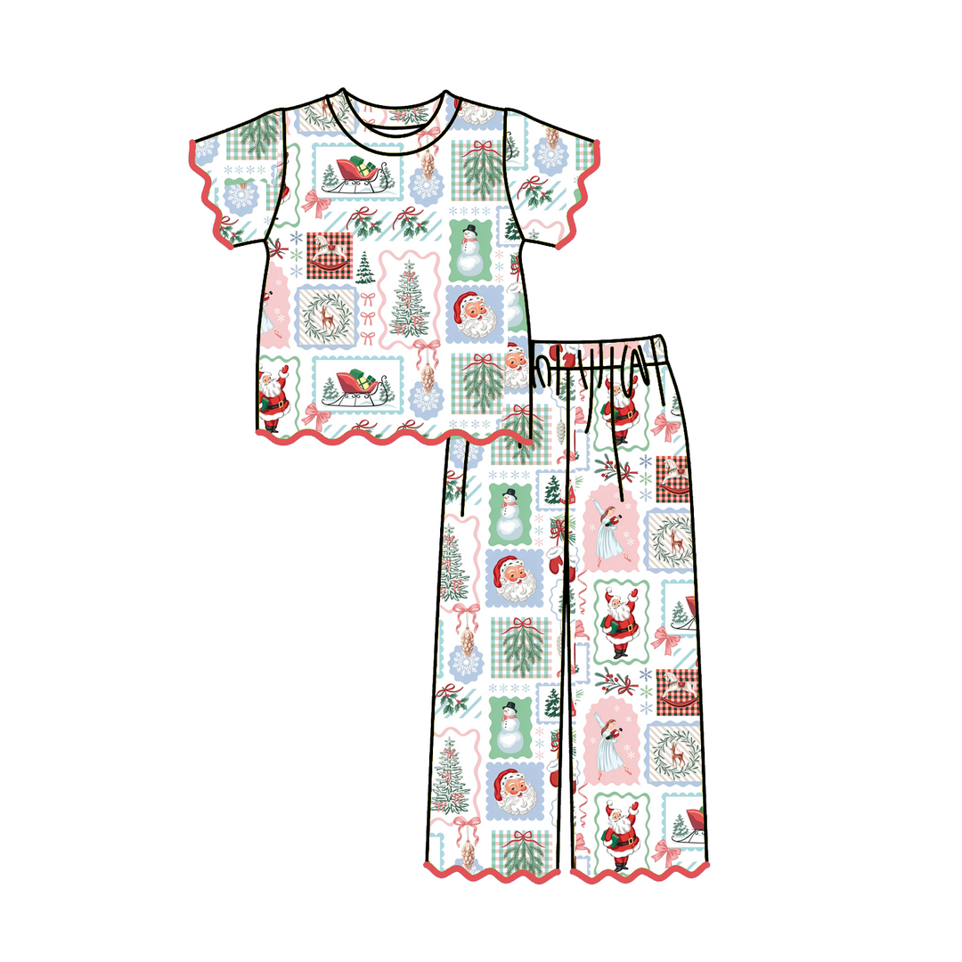 Girls Christmas Embroidery Scallop Top&Bell Pant Set