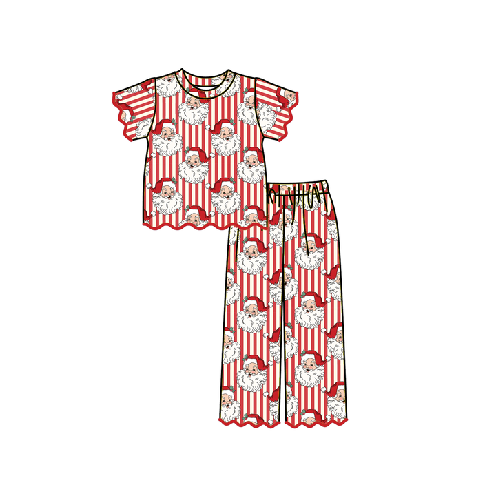 Christmas Pink Tree Bow Print Scallop Embroidered Girls Set