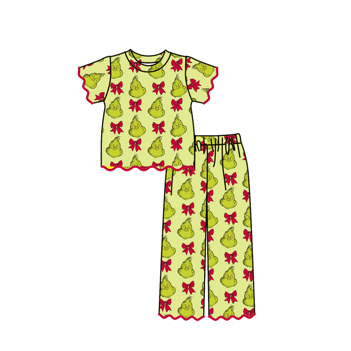 Christmas Grinch Print Scallop Embroidered Girls Set