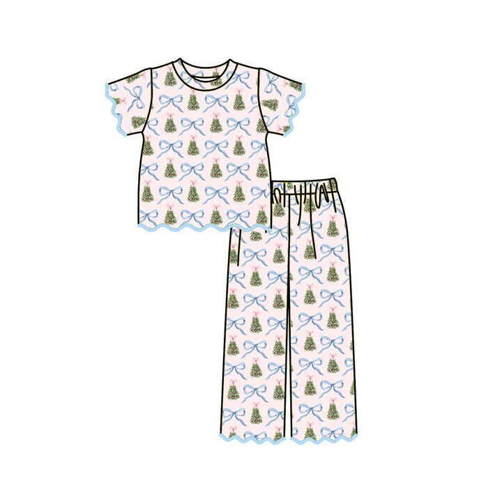 Christmas Pink Tree Bow Print Scallop Embroidered Girls Set