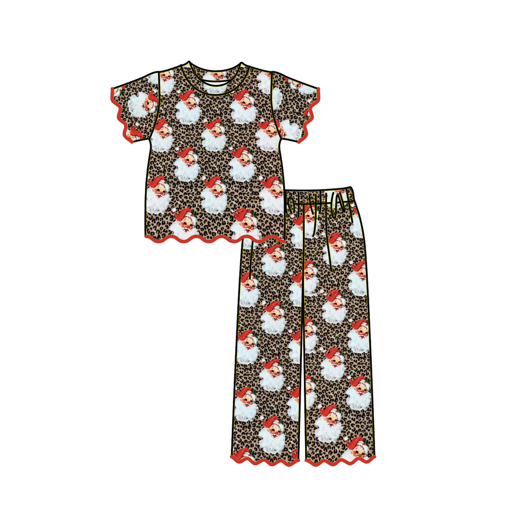 Christmas Pink Tree Bow Print Scallop Embroidered Girls Set