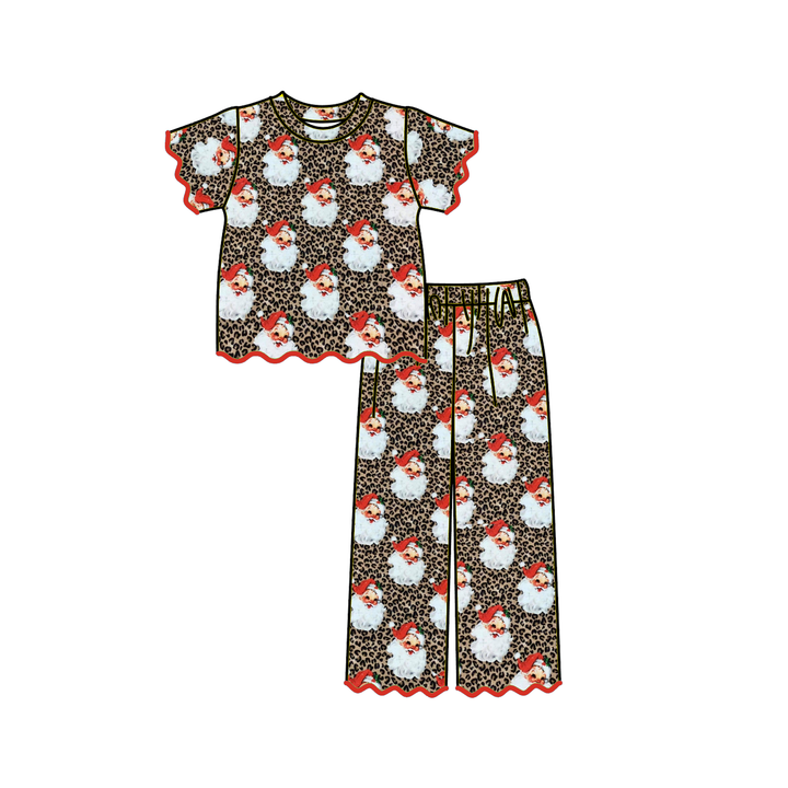 Christmas Pink Tree Bow Print Scallop Embroidered Girls Set