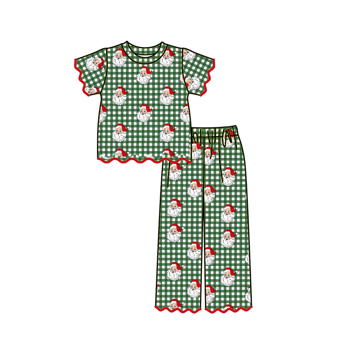 ChristmasSanta Claus Print Scallop Embroidered Girls Set