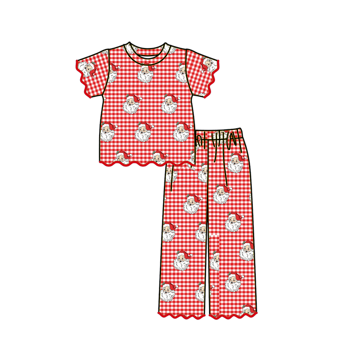 ChristmasSanta Claus Print Scallop Embroidered Girls Set