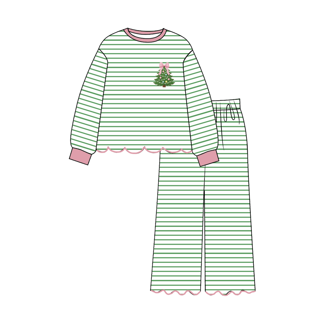 Green Stripe Christmas Tree Embroidery Sibling Matching Outfits Collection