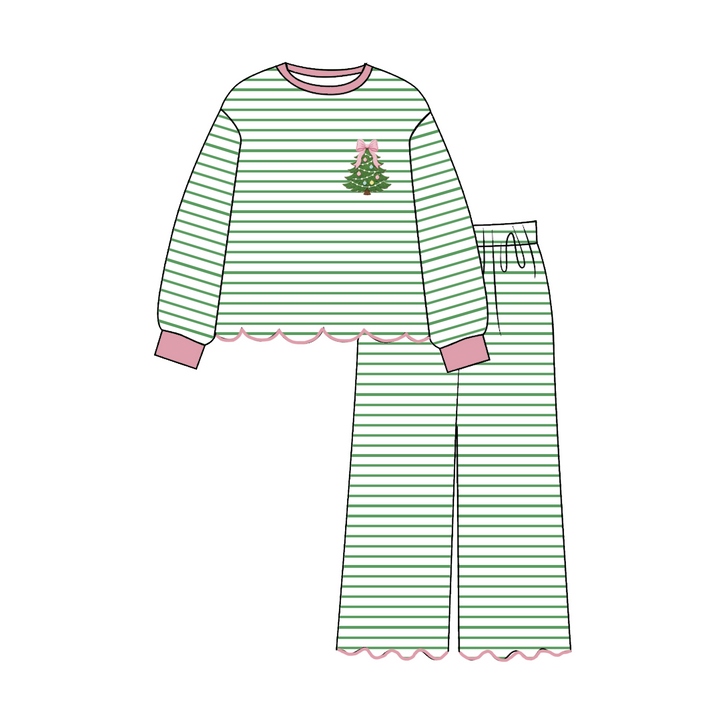 Green Stripe Christmas Tree Embroidery Sibling Matching Outfits Collection