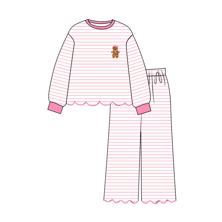 Christmas Pink Stripe Gingerbread Embroidery Sibling Matching Outfits Collection