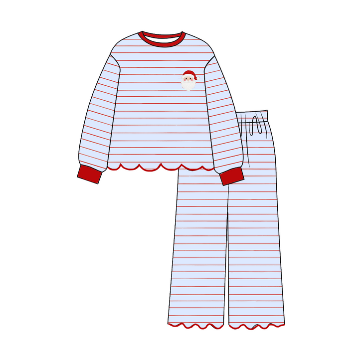Christmas Blue Stripe Santa Embroidery Sibling Matching Outfits Collection