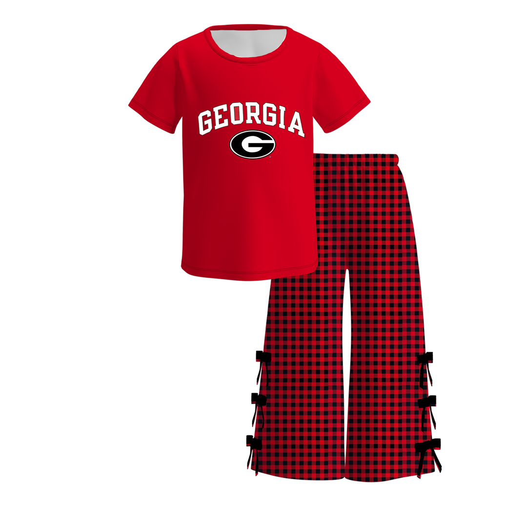 Girls Game Day Team Graphic T‑Shirt &Plaid Bow Flare Bell Bottom Pants