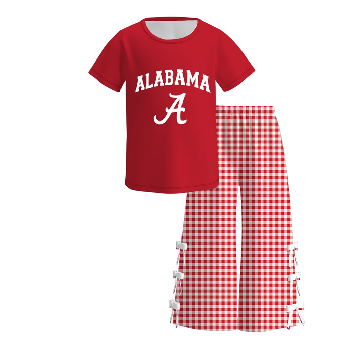 Girls Game Day Team Graphic T‑Shirt &Plaid Bow Flare Bell Bottom Pants
