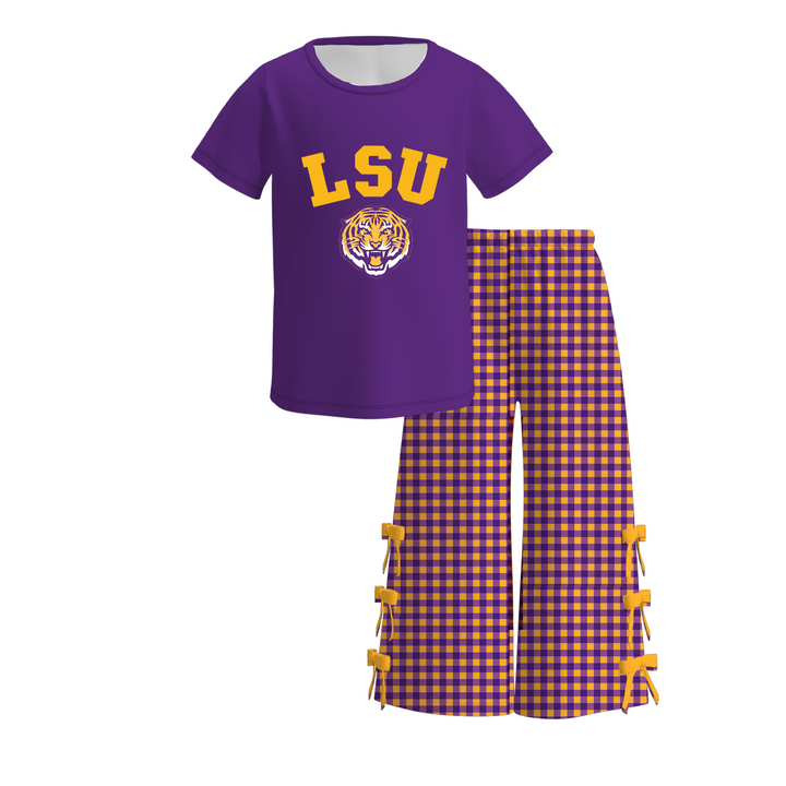 Girls Game Day Team Graphic T‑Shirt &Plaid Bow Flare Bell Bottom Pants