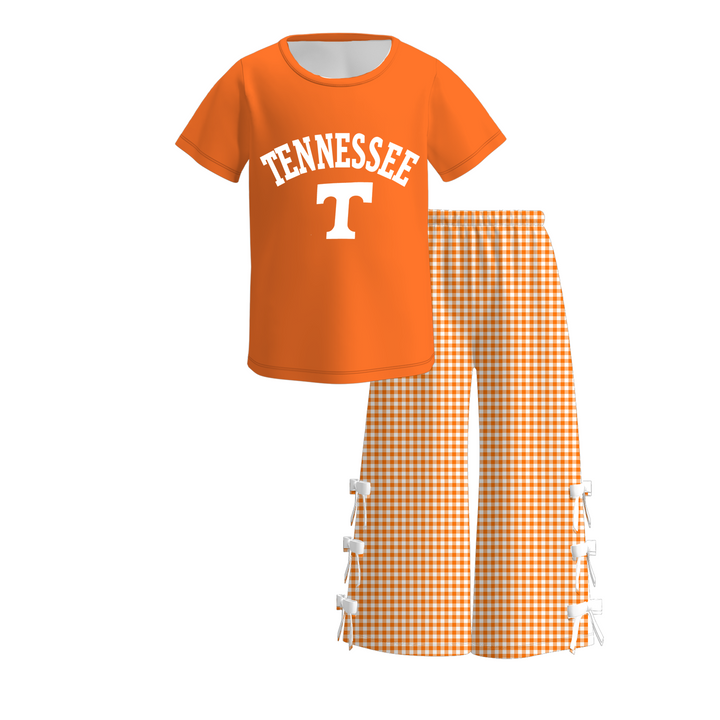 Girls Game Day Team Graphic T‑Shirt &Plaid Bow Flare Bell Bottom Pants