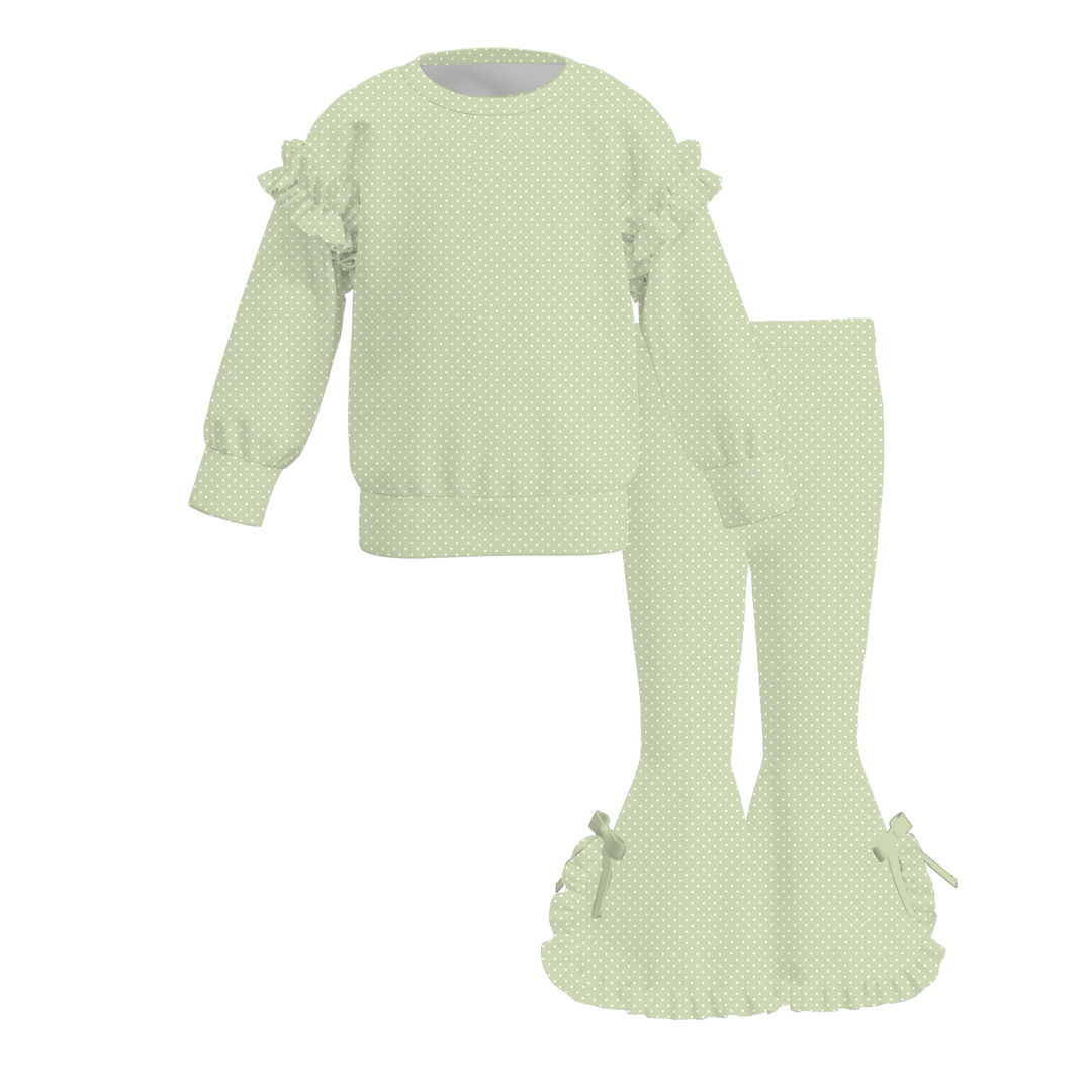 Girls Polka Dot Ruffle Sweatshirt Top&Bow Flared Bell Bottom Pants