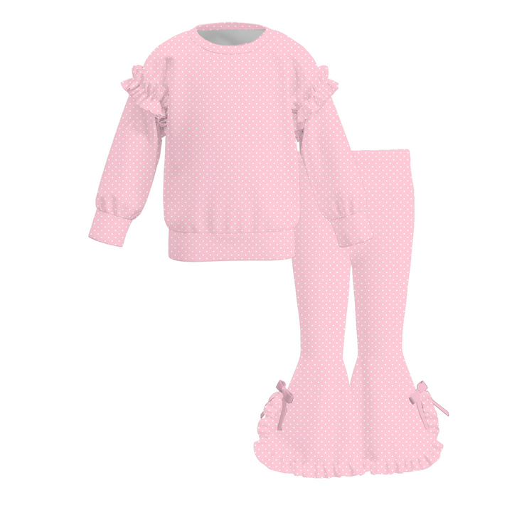 Girls Polka Dot Ruffle Sweatshirt Top&Bow Flared Bell Bottom Pants