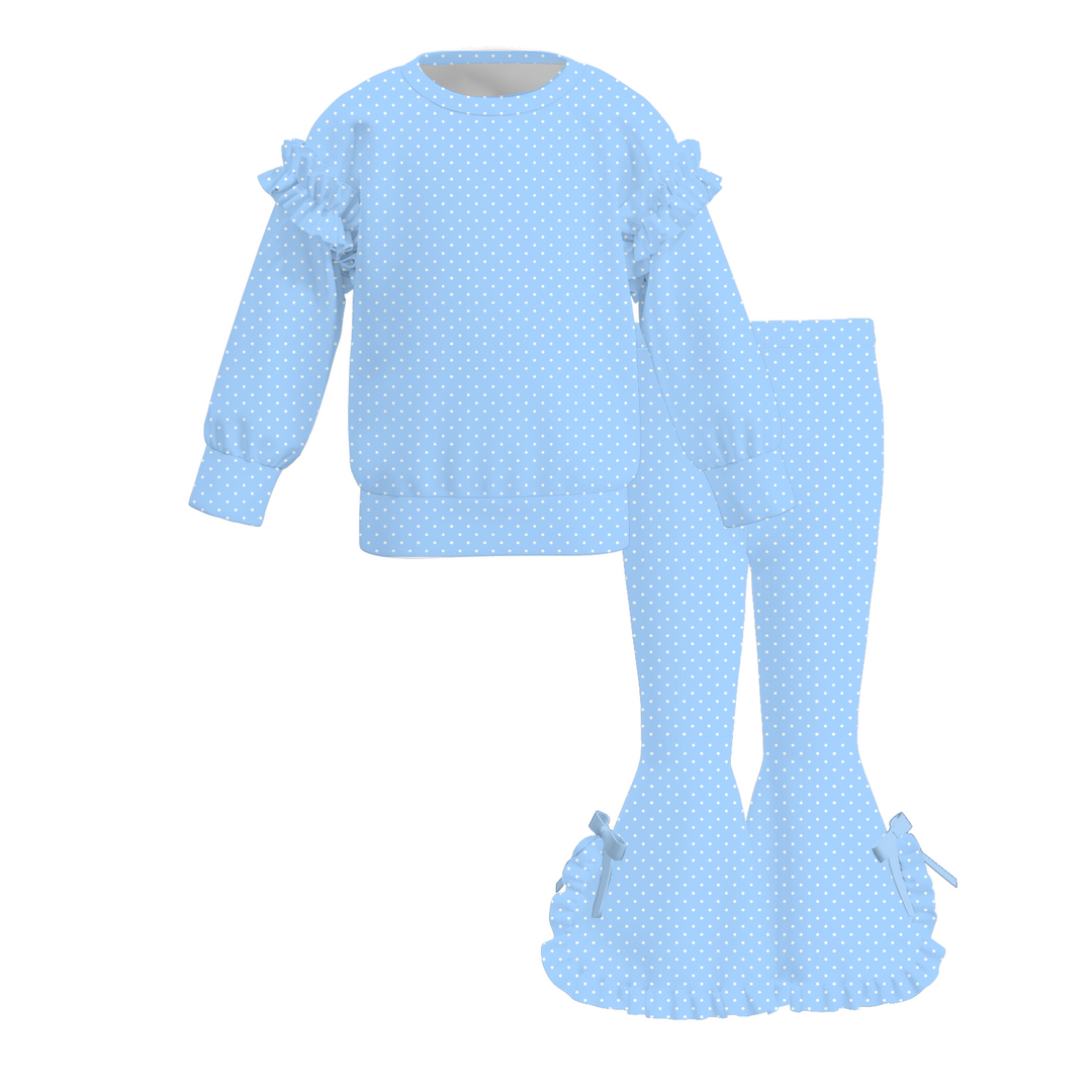 Girls Polka Dot Ruffle Sweatshirt Top&Bow Flared Bell Bottom Pants