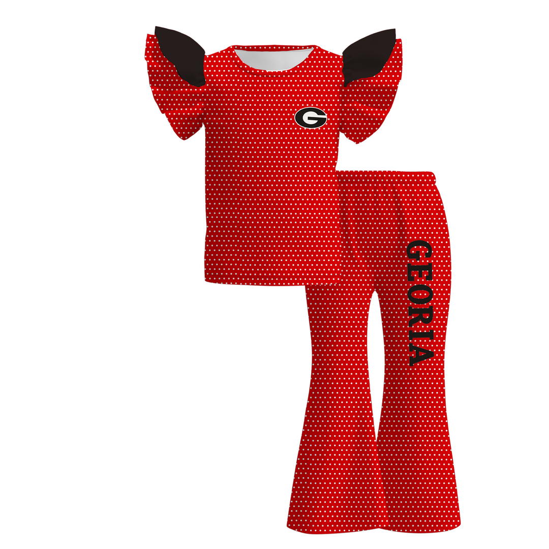 Girls Game Day Team Sports Fan Polka Dot Ruffle Flutter Sleeve Top & Flare Pants Outfit