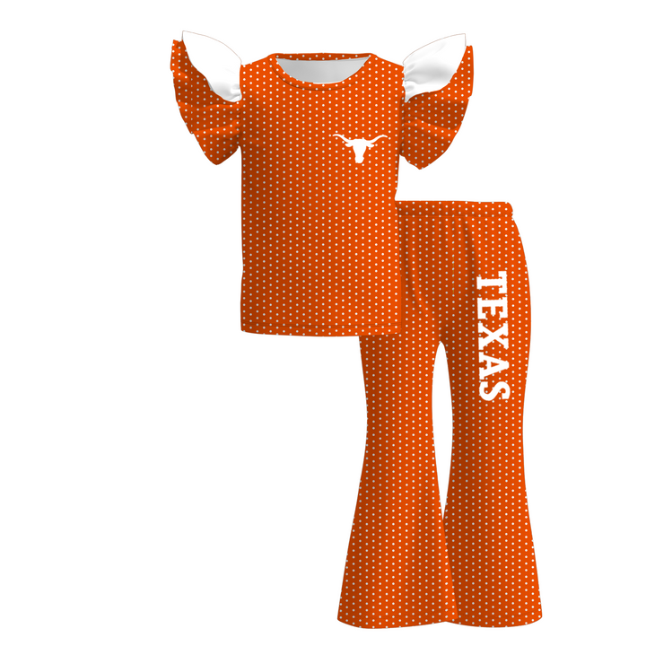 Girls Game Day Team Sports Fan Polka Dot Ruffle Flutter Sleeve Top & Flare Pants Outfit