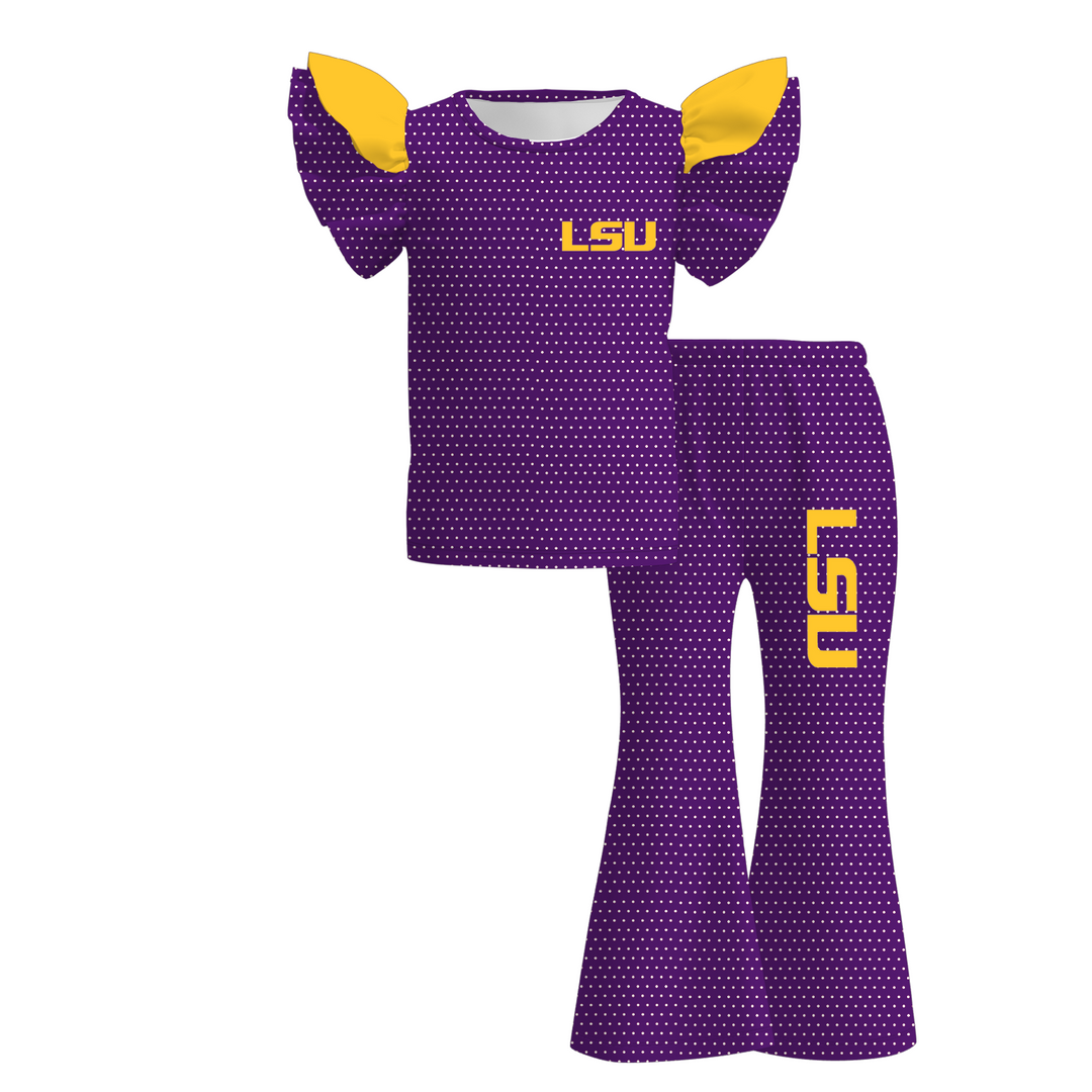 Girls Game Day Team Sports Fan Polka Dot Ruffle Flutter Sleeve Top & Flare Pants Outfit