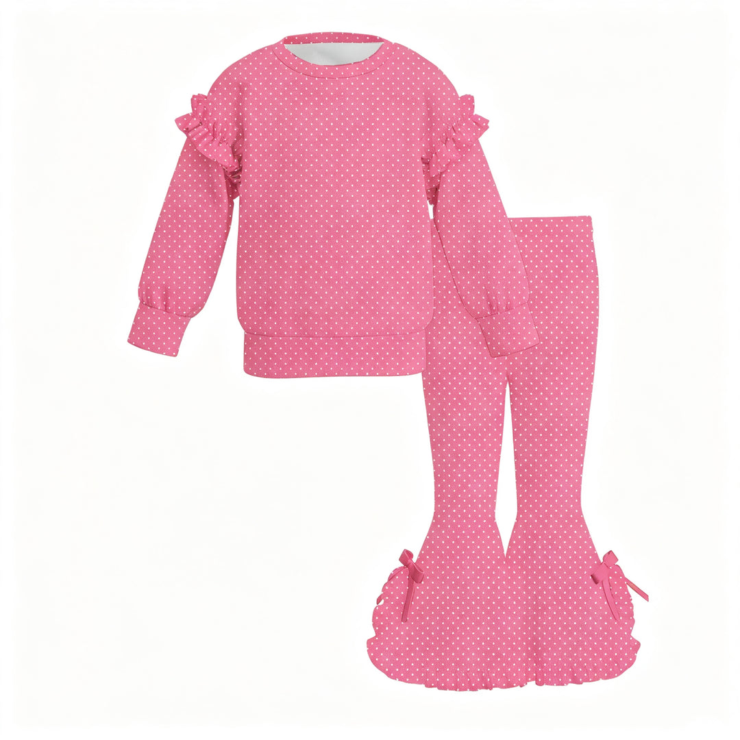 Girls Polka Dot Ruffle Sweatshirt Top&Bow Flared Bell Bottom Pants