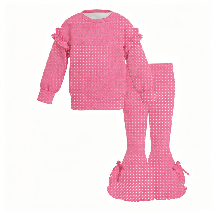 Girls Polka Dot Ruffle Sweatshirt Top&Bow Flared Bell Bottom Pants