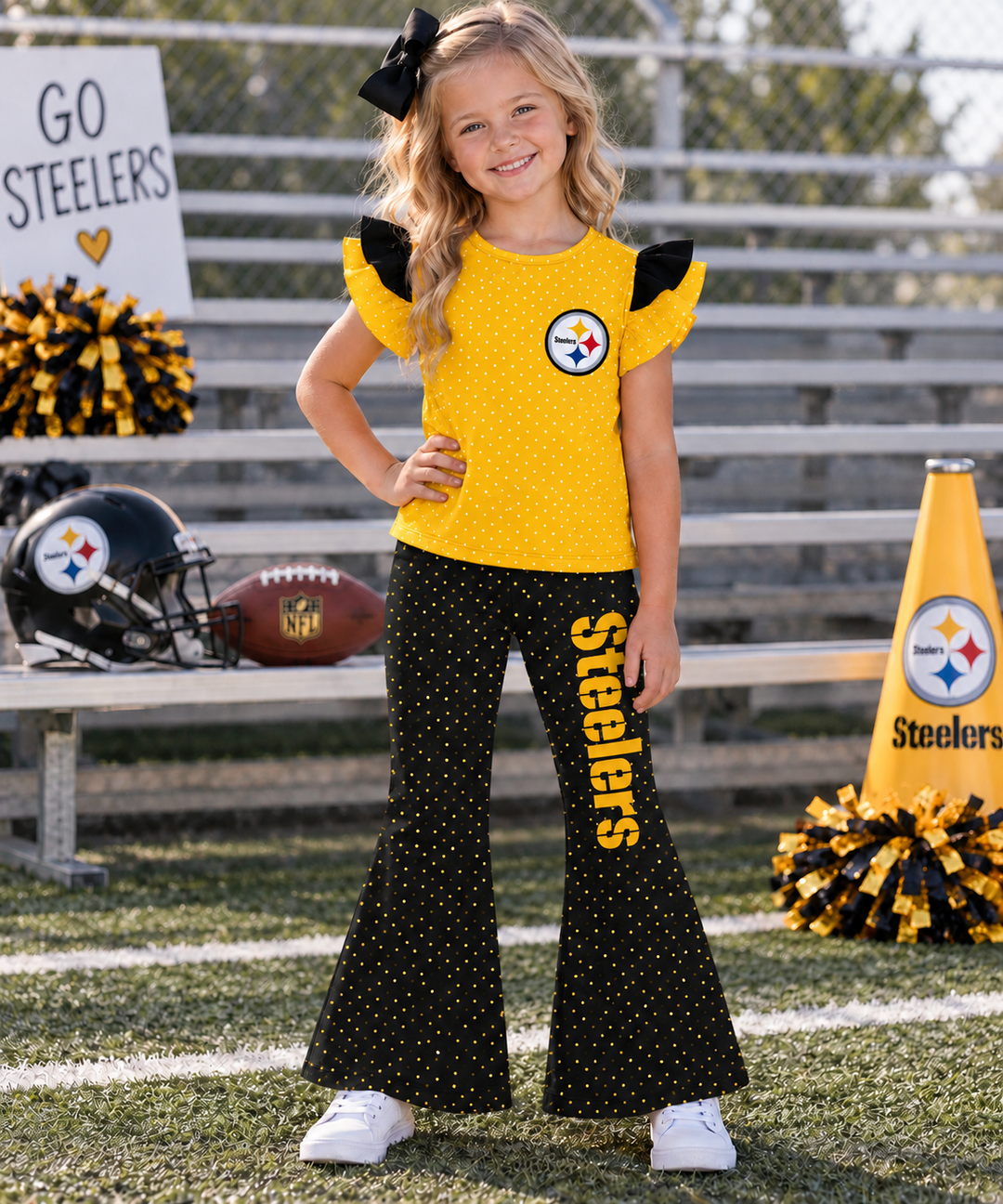 Girls Game Day Football Team Ruffle Top &Flare Pants 2PCS SET