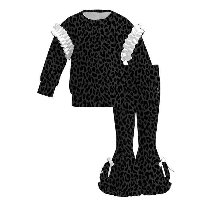 Girls Polka Dot Leopard Ruffle Sweatshirt Top&Flared Bell Bottom Pants