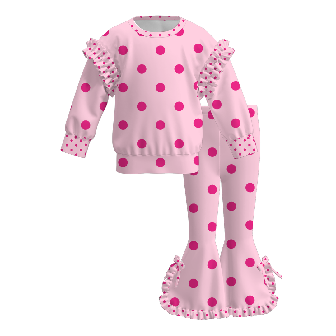 Girls Polka Dot Leopard Ruffle Sweatshirt Top&Flared Bell Bottom Pants