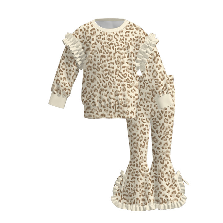 Girls Polka Dot Leopard Ruffle Sweatshirt Top&Flared Bell Bottom Pants