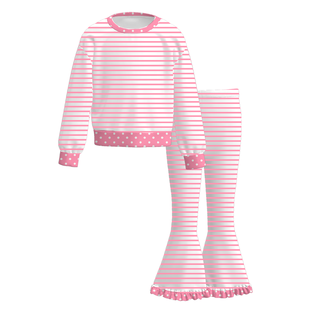 Girls Striped Sweatshirt Top&Ruffle Flare Pants 2PCS Loungewear Outfit