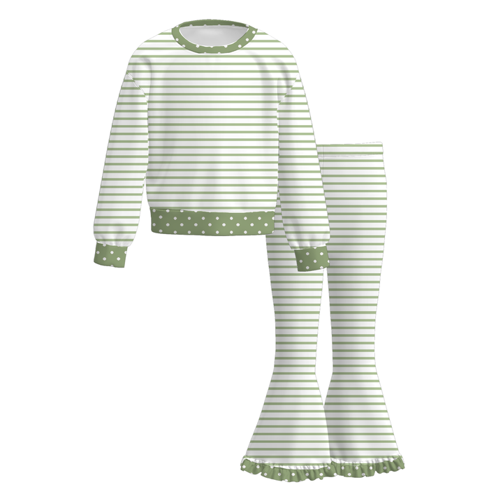 Girls Striped Sweatshirt Top&Ruffle Flare Pants 2PCS Loungewear Outfit