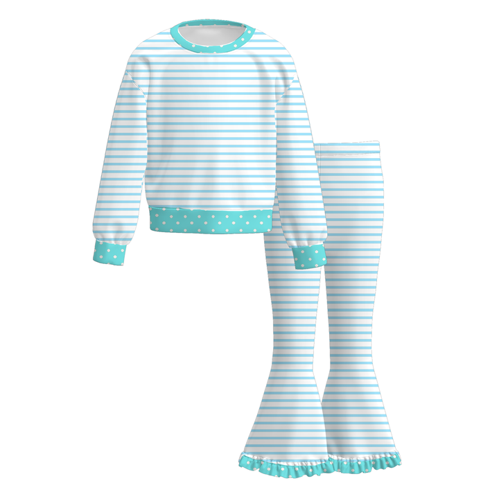 Girls Striped Sweatshirt Top&Ruffle Flare Pants 2PCS Loungewear Outfit