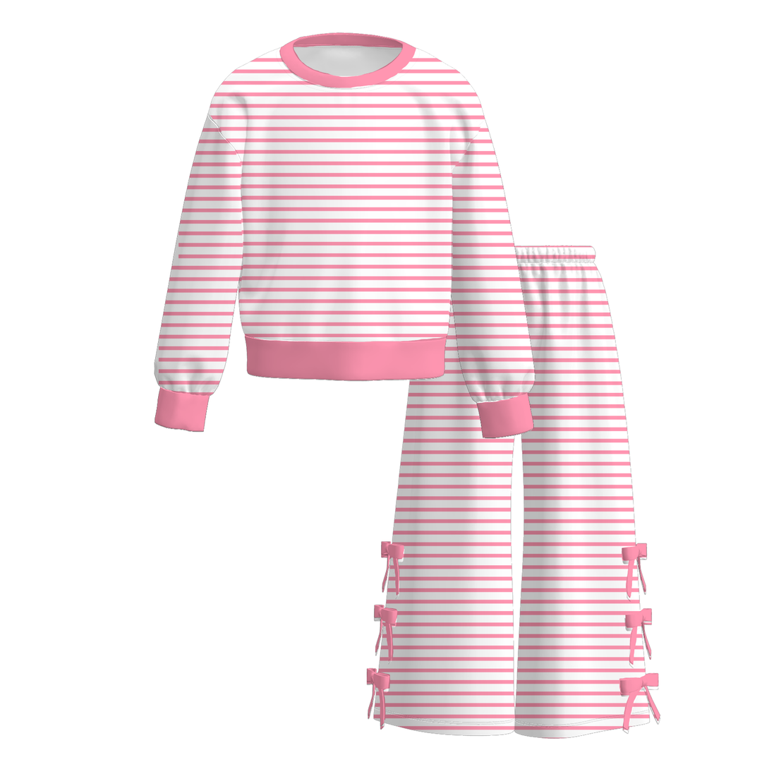 Girls Striped Pullover Sweatshirt&Bowknot Bottom Pants