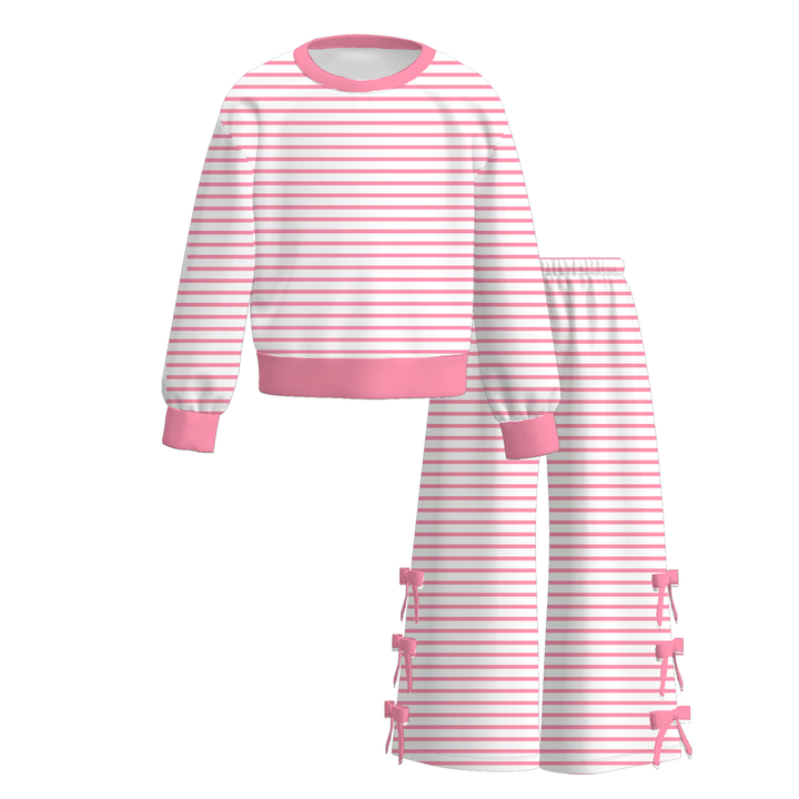 Girls Striped Pullover Sweatshirt&Bowknot Bottom Pants