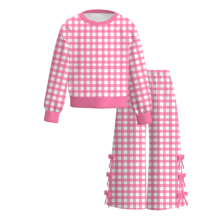 Girls Gingham Pullover Sweatshirt&Bowknot Bottom Pants