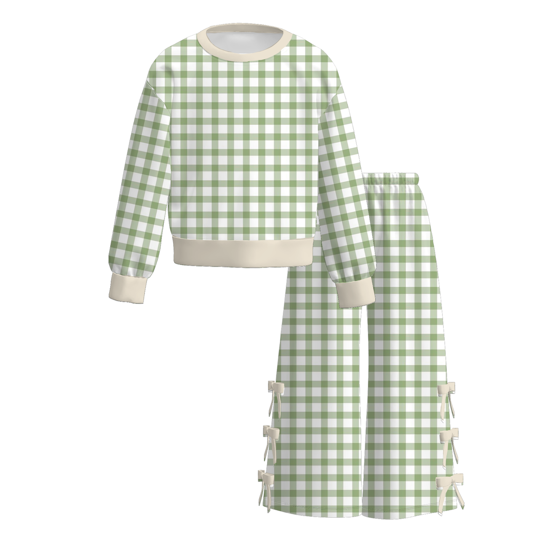 Girls Gingham Pullover Sweatshirt&Bowknot Bottom Pants