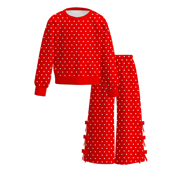 Girls Polka Dot Pullover Sweatshirt&Bowknot Bottom Pants