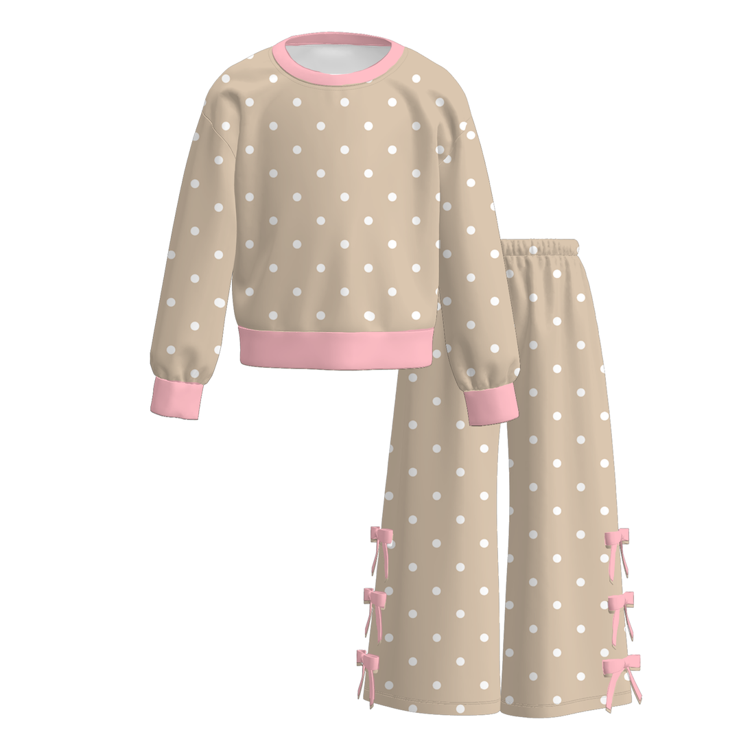 Girls Polka Dot Pullover Sweatshirt&Bowknot Bottom Pants