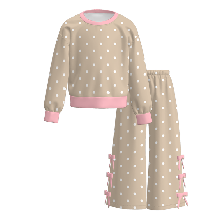 Girls Polka Dot Pullover Sweatshirt&Bowknot Bottom Pants
