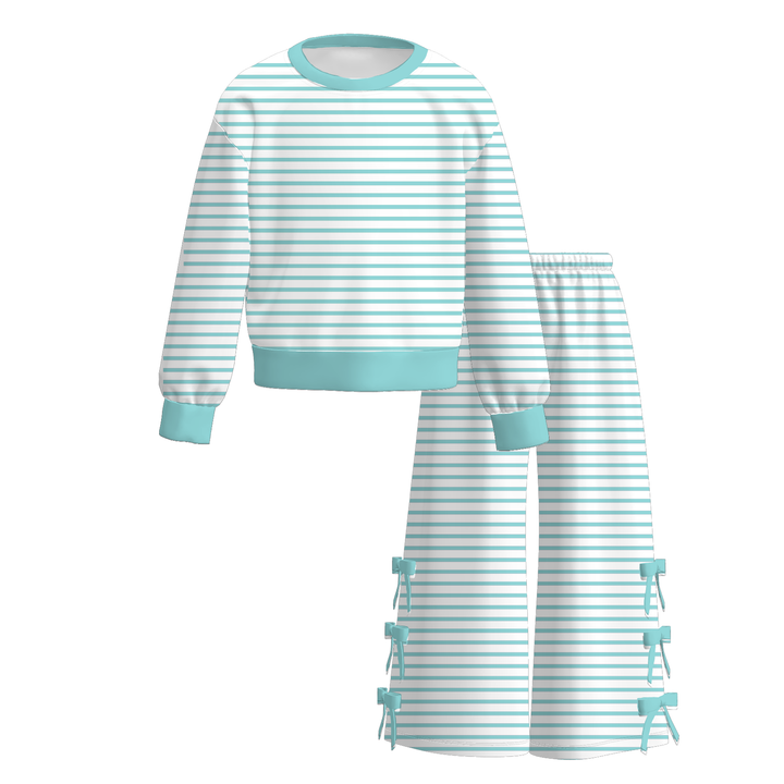Girls Striped Pullover Sweatshirt&Bowknot Bottom Pants