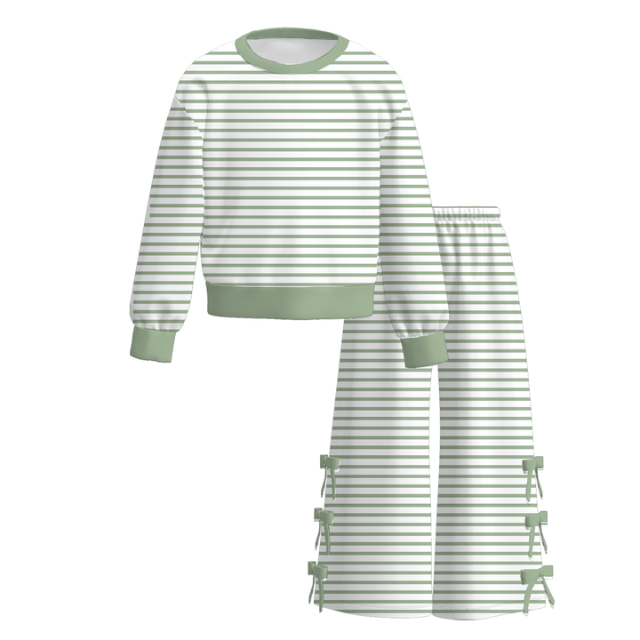 Girls Striped Pullover Sweatshirt&Bowknot Bottom Pants