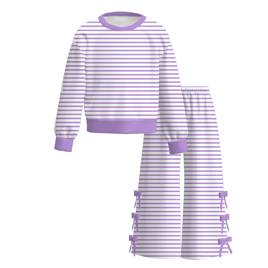 Girls Striped Pullover Sweatshirt&Bowknot Bottom Pants