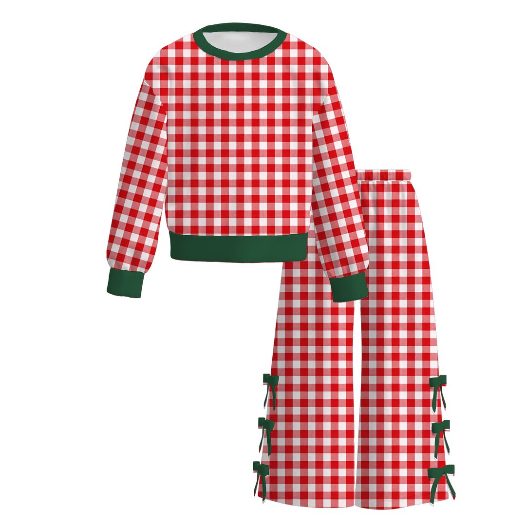 Girls Gingham Pullover Sweatshirt&Bowknot Bottom Pants
