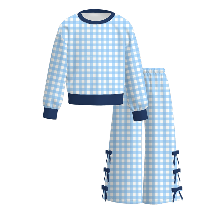 Girls Gingham Pullover Sweatshirt&Bowknot Bottom Pants
